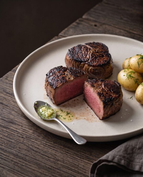 To stegte bøffer af dansk krondyr, den ene skåret over med rosa midte, serveret med nye kartofler, dild og kryddersmør.