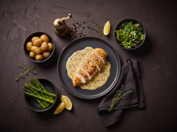 Kyllingebryst med citronsauce, asparges og kartofler