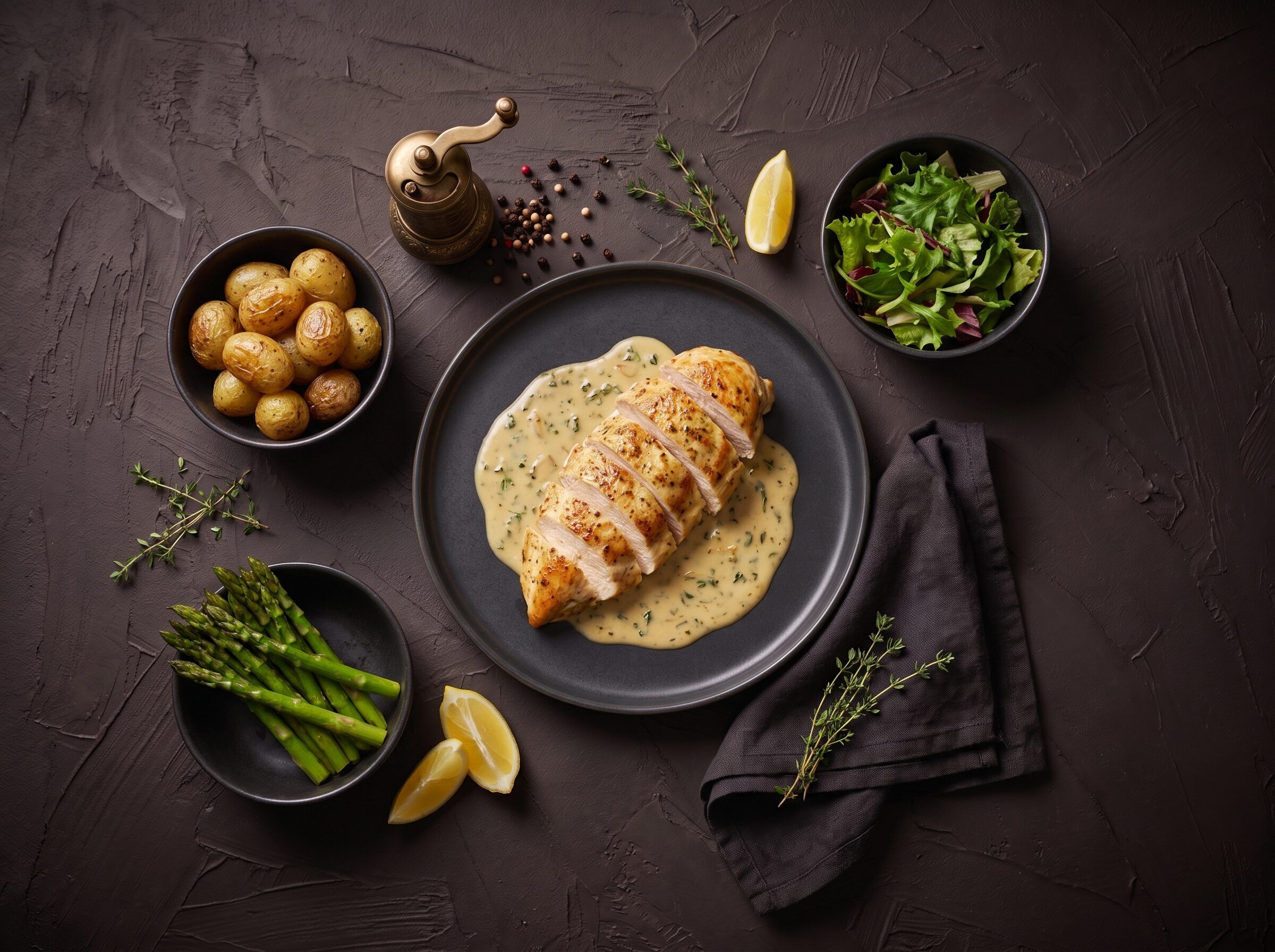 Kyllingebryst med citronsauce, asparges og kartofler