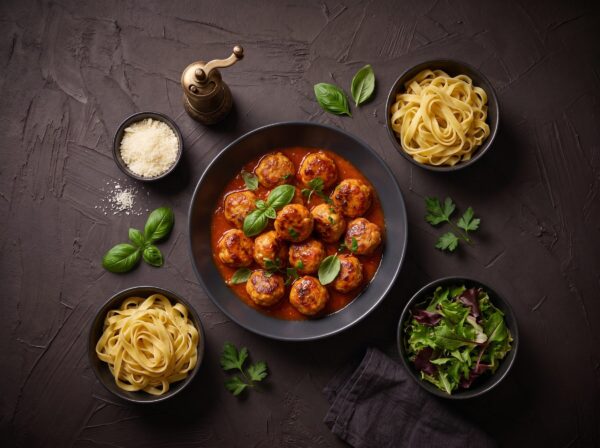 Kyllingekødboller i tomatsauce med tagliatelle og parmesan