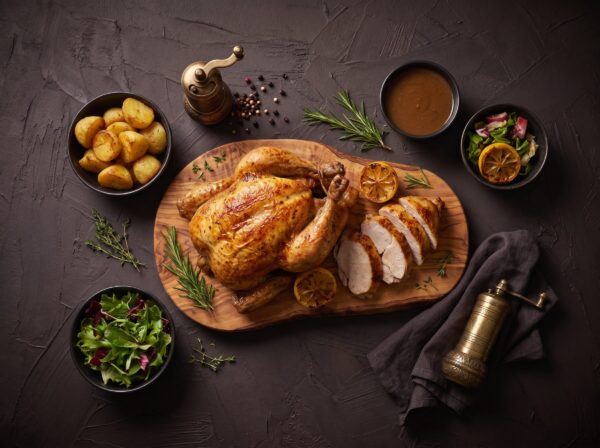 Helstegt kylling skåret ud med kartofler, sovs og salat