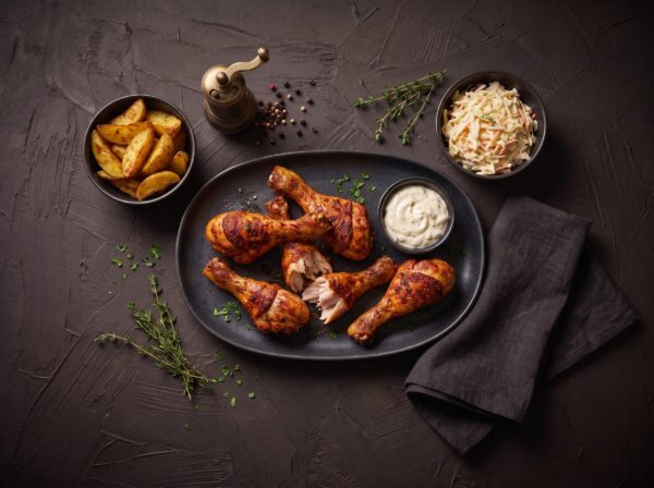Paprikastegte kyllingekøller med kartoffelbåde og coleslaw