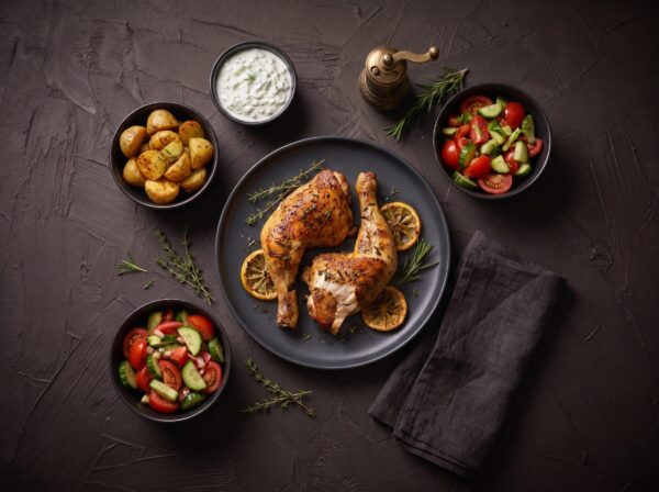 Ovnstegte kyllingelår med kartofler, tzatziki og tomatsalat
