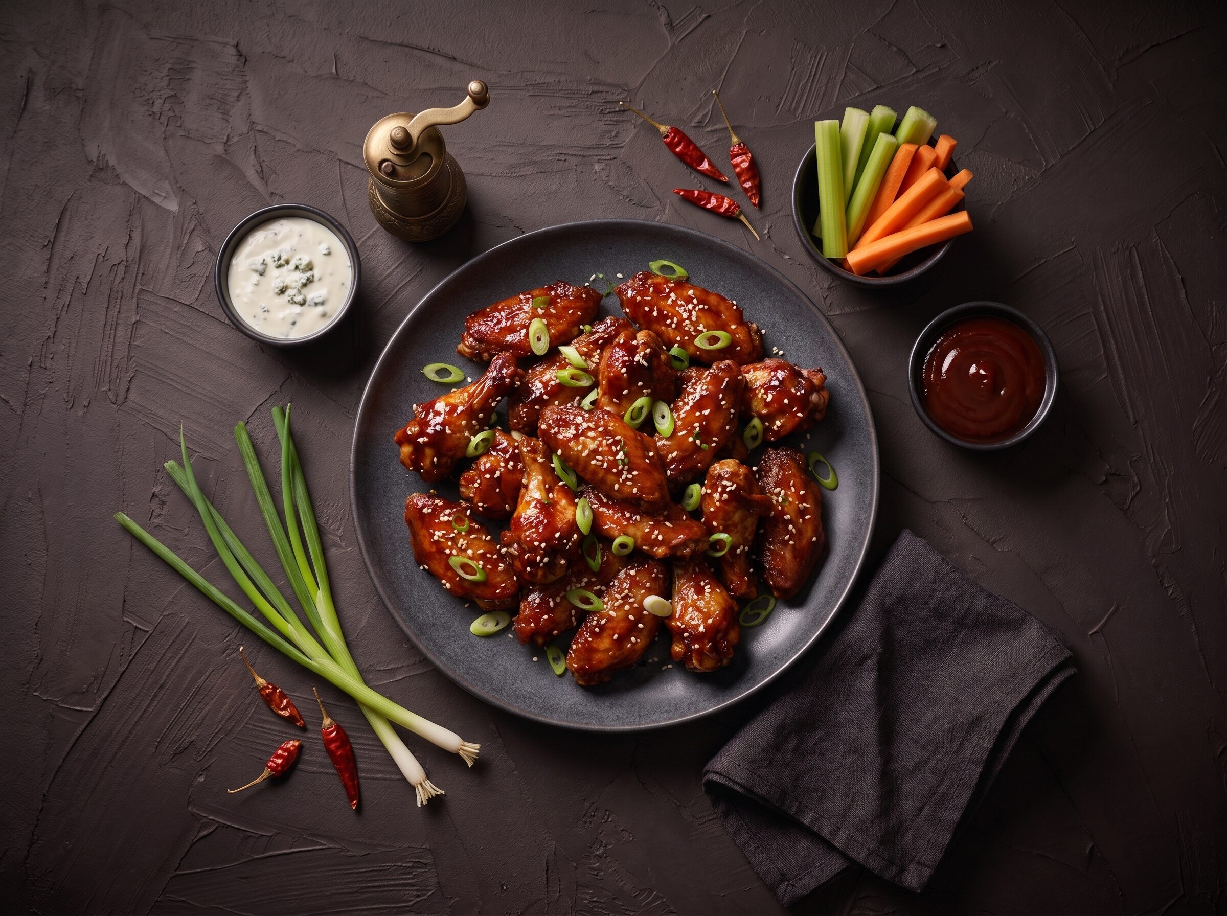 Hotwings med blåskimmeldip og grøntsagsstave