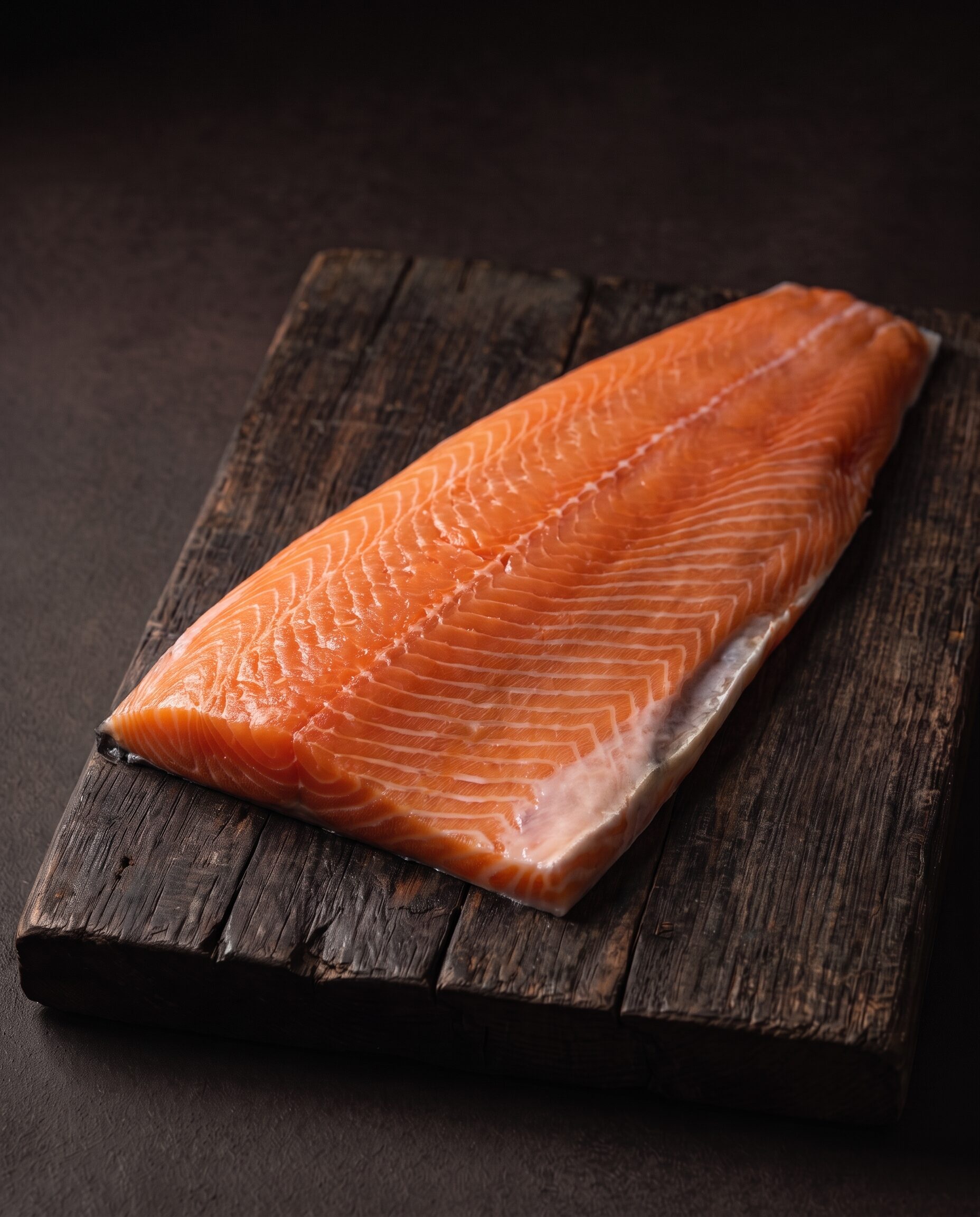 En hel rå laksefilet uden ben med orange kød på et mørkt træbræt.