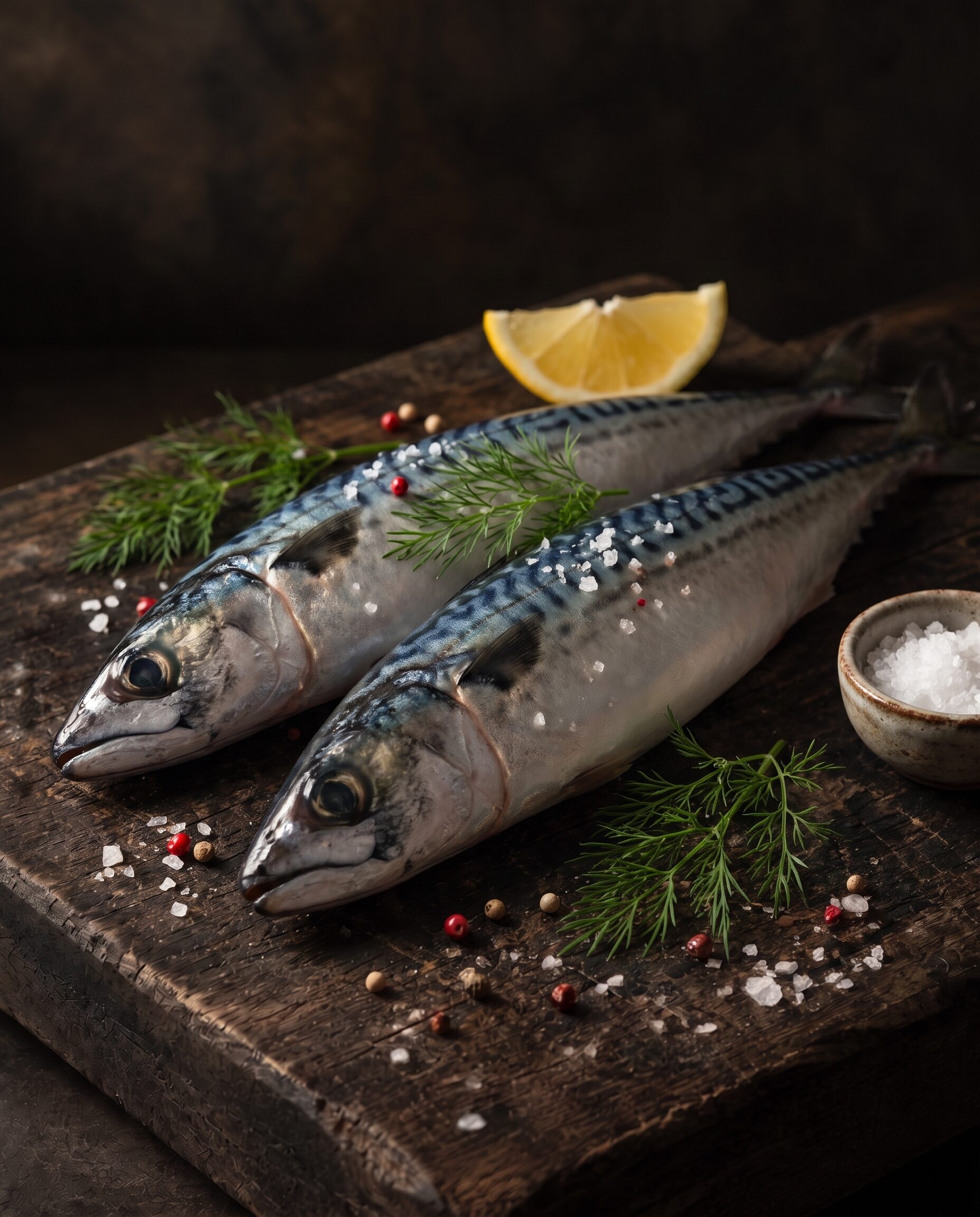 To hele rå makreller på et mørkt træbræt med flagesalt, peberkorn, dild og citron.