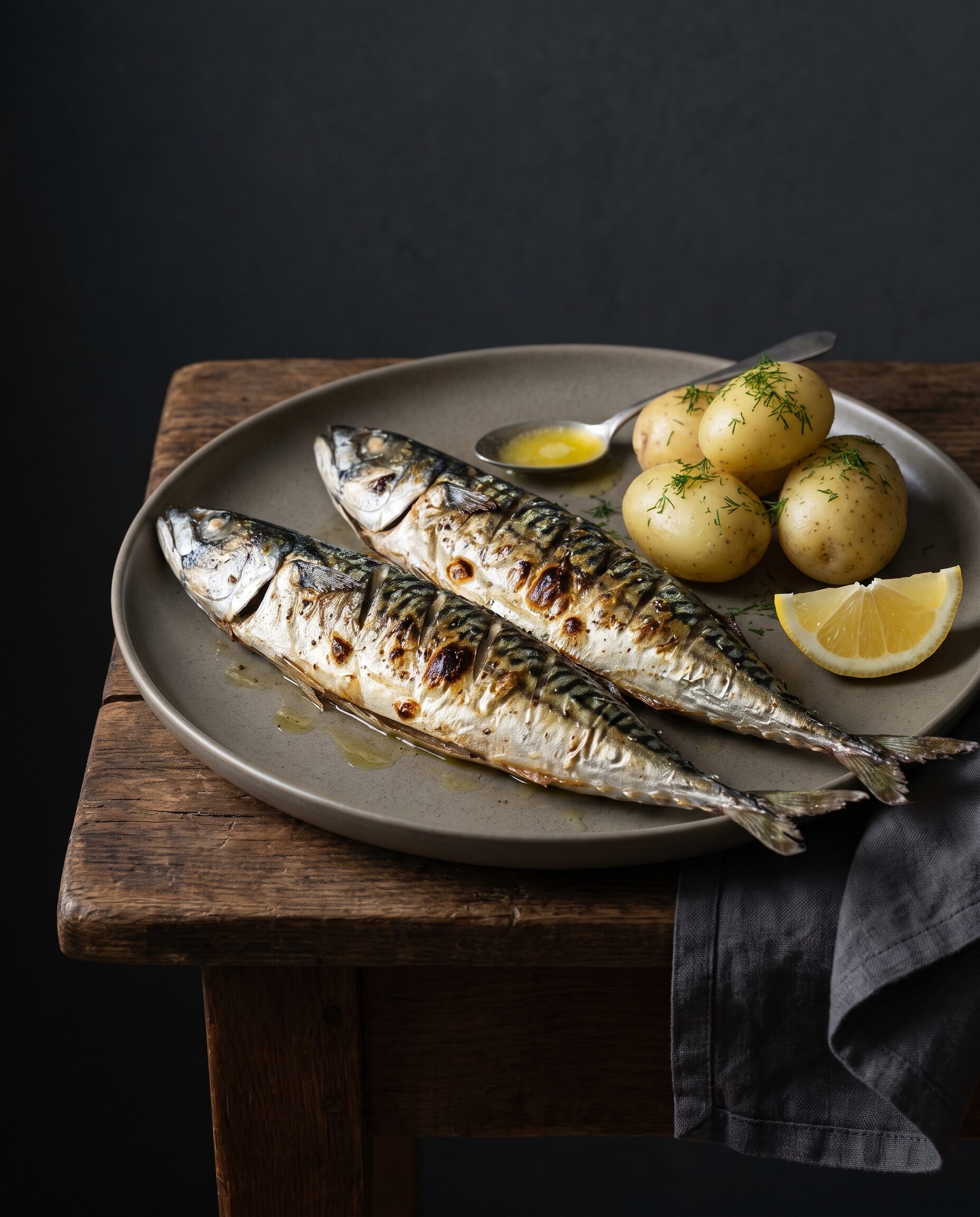 To hele grillede makreller med sprødt skind, serveret med nye kartofler, dild, smør og citron.