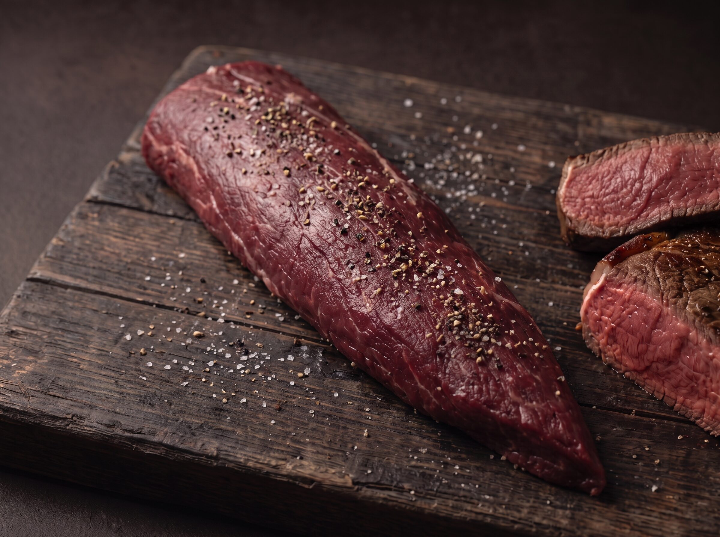 Hel rå mørbrad fra bison med salt og peber på et mørkt træbræt, med stegte medaljoner ved siden af.