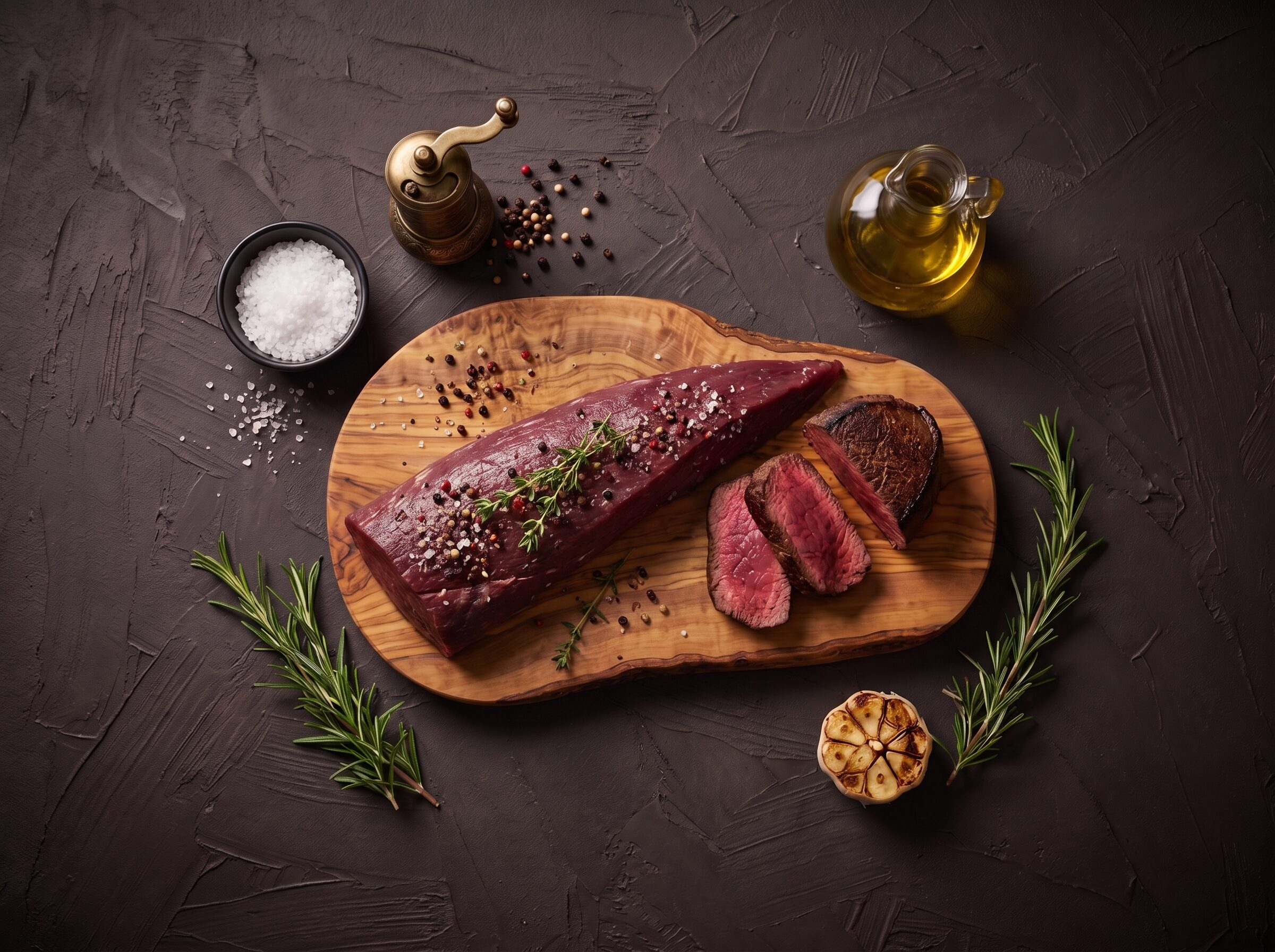 Hel rå mørbrad fra bison med salt, peber og timian på et oliventræsbræt, med stegte medaljoner ved siden af.