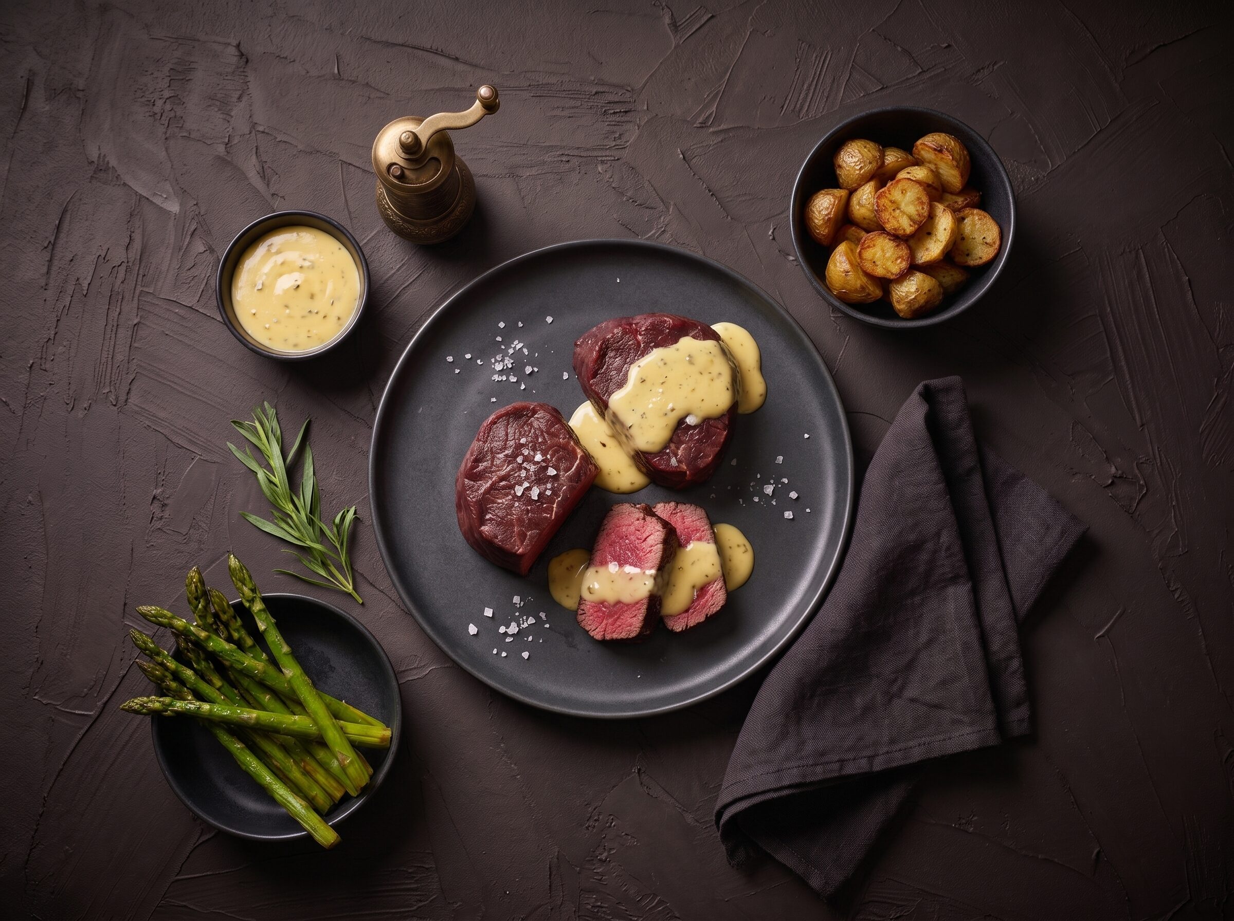 To medaljoner af bisonmørbrad med béarnaise på en mørk tallerken, med kartofler og grønne asparges ved siden af.