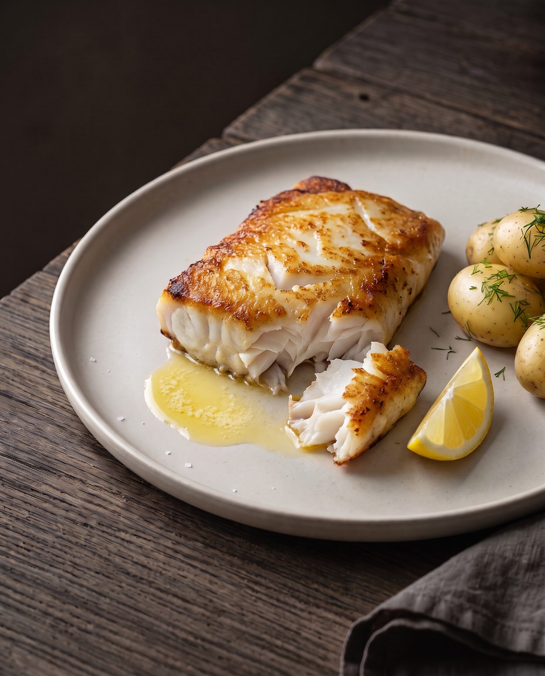 Stegt rygstykke af mørksej med gylden skorpe, serveret med nye kartofler, dild, smør og citron.