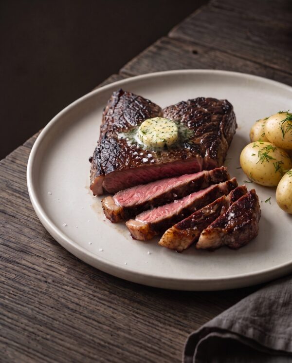 Stegt nyretap skåret på tværs af fibrene med rosa midte, serveret med nye kartofler, dild og kryddersmør.