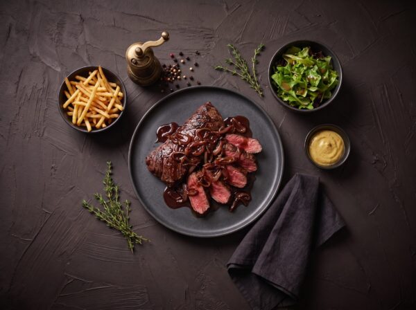 Onglet i skiver med karamelliserede skalotteløg på en mørk tallerken, med pommes frites, salat og Dijon ved siden af.