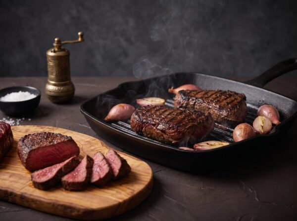 Nyretapper på en hed støbejerns grillpande, skåret på tværs med mørkrød midte.