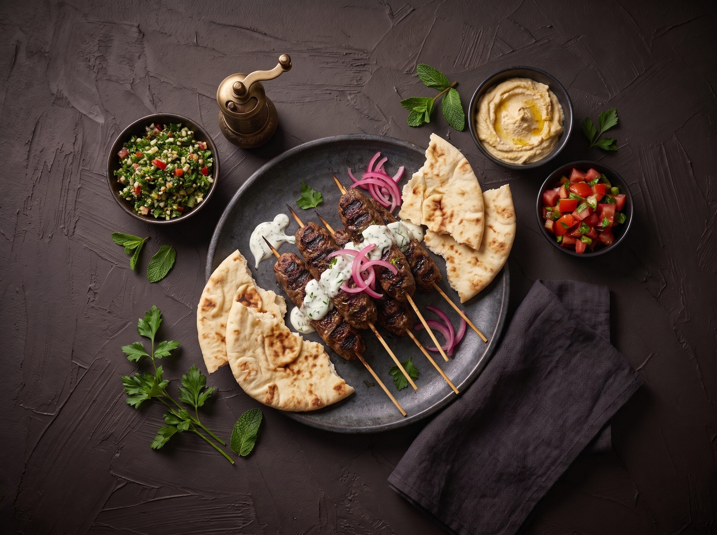 Lammekofta med yoghurt-myntesauce, fladbrød og tabbouleh