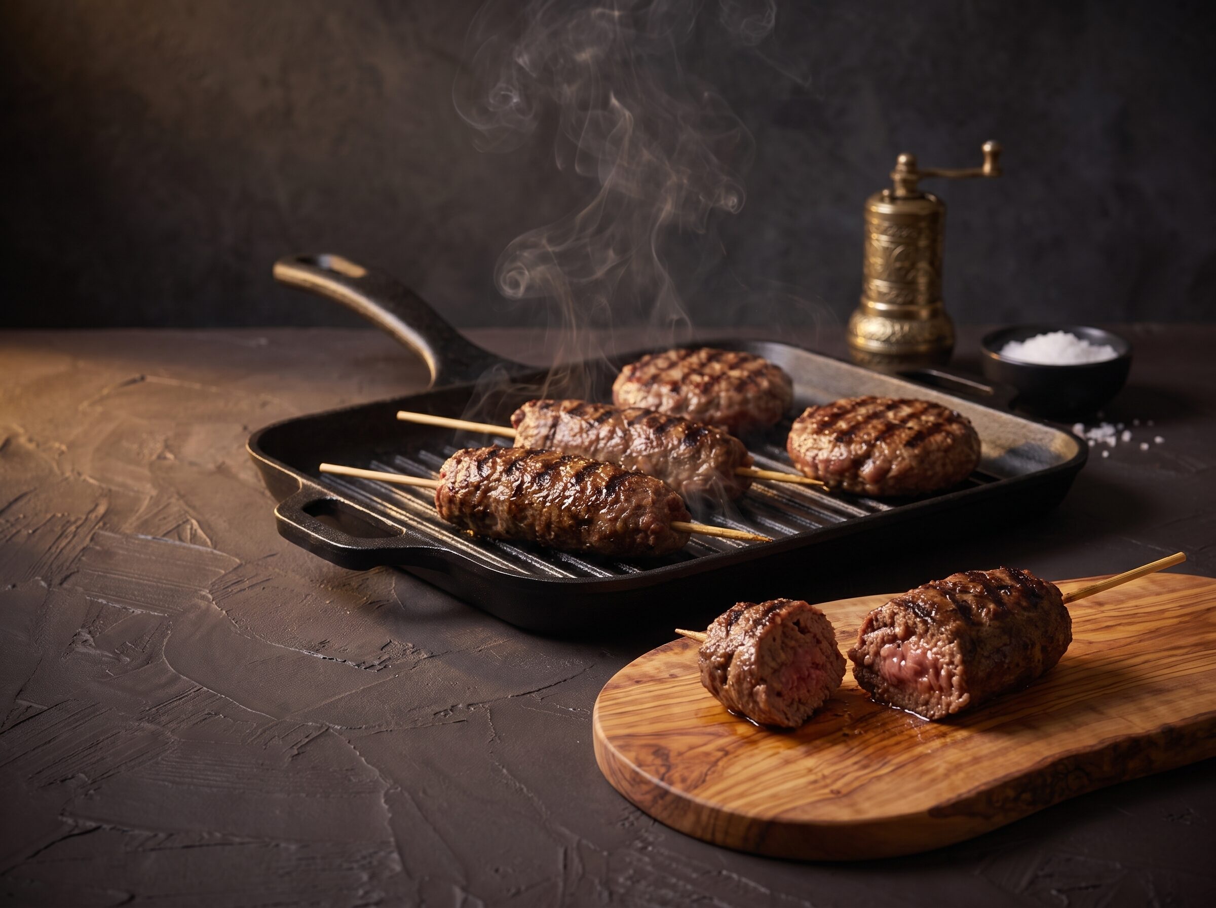 Lammekofta og lammeburgere på grillpande