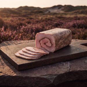 Økologisk griserullepølse med tynde skiver på et mørkt egetræsbræt på heden.