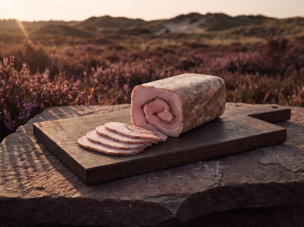 Økologisk griserullepølse med tynde skiver på et mørkt egetræsbræt på heden.