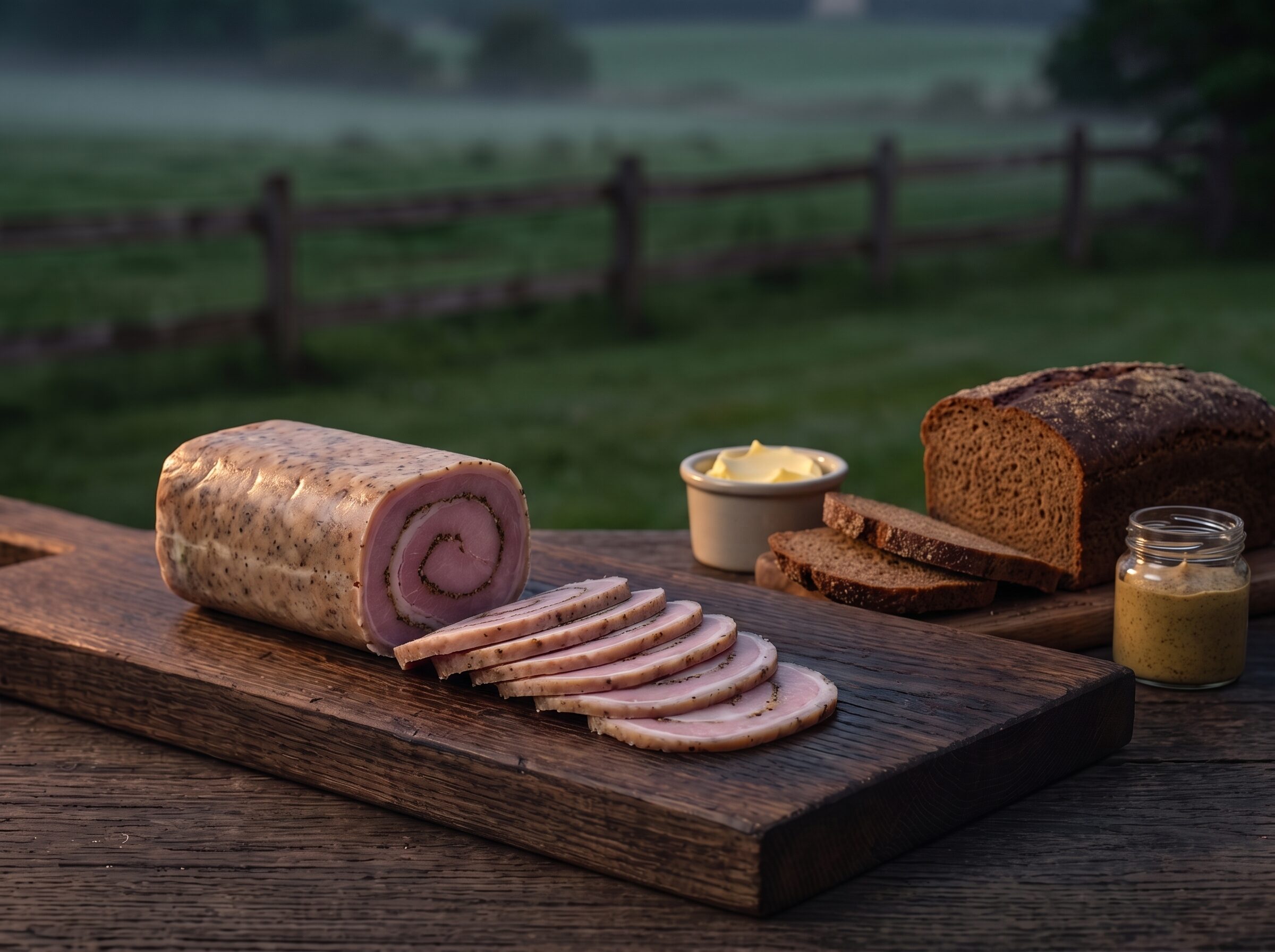 Griserullepølse i skiver på et frokostbord på gården, med rugbrød, smør og sennep.