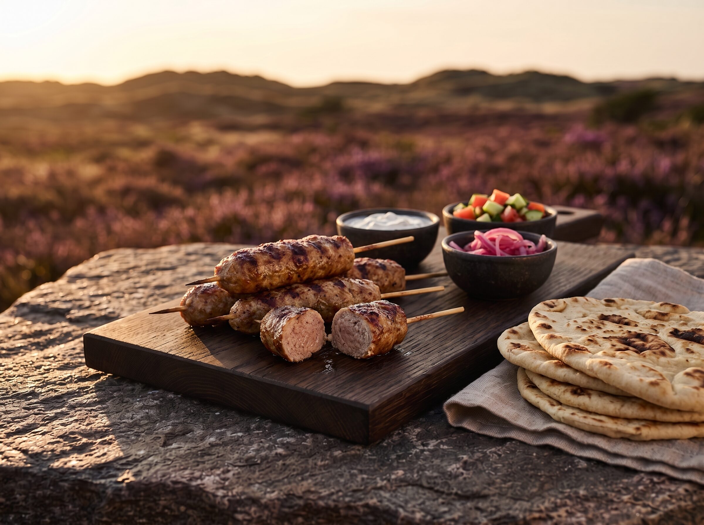Grillede kødspyd på et bræt på heden, med fladbrød, hvidløgsdip, tomatsalat og syltede rødløg ved siden af.