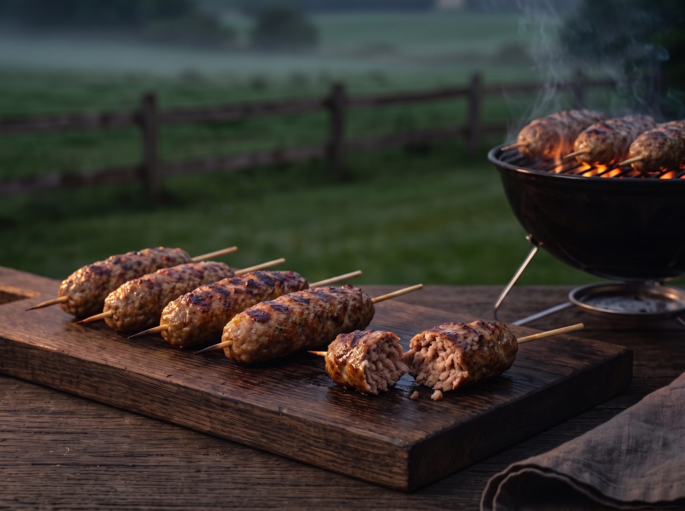 Kødspyd af hakket grisekød på kuglegrillen på gården i skumringen.