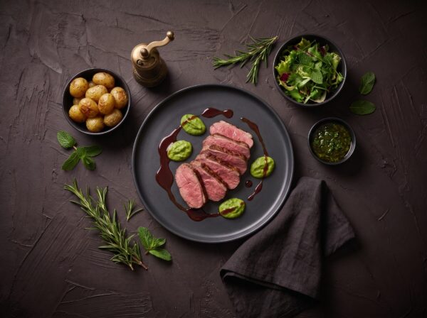 Skiver af lammefilet med rødvinssauce og ærtepuré