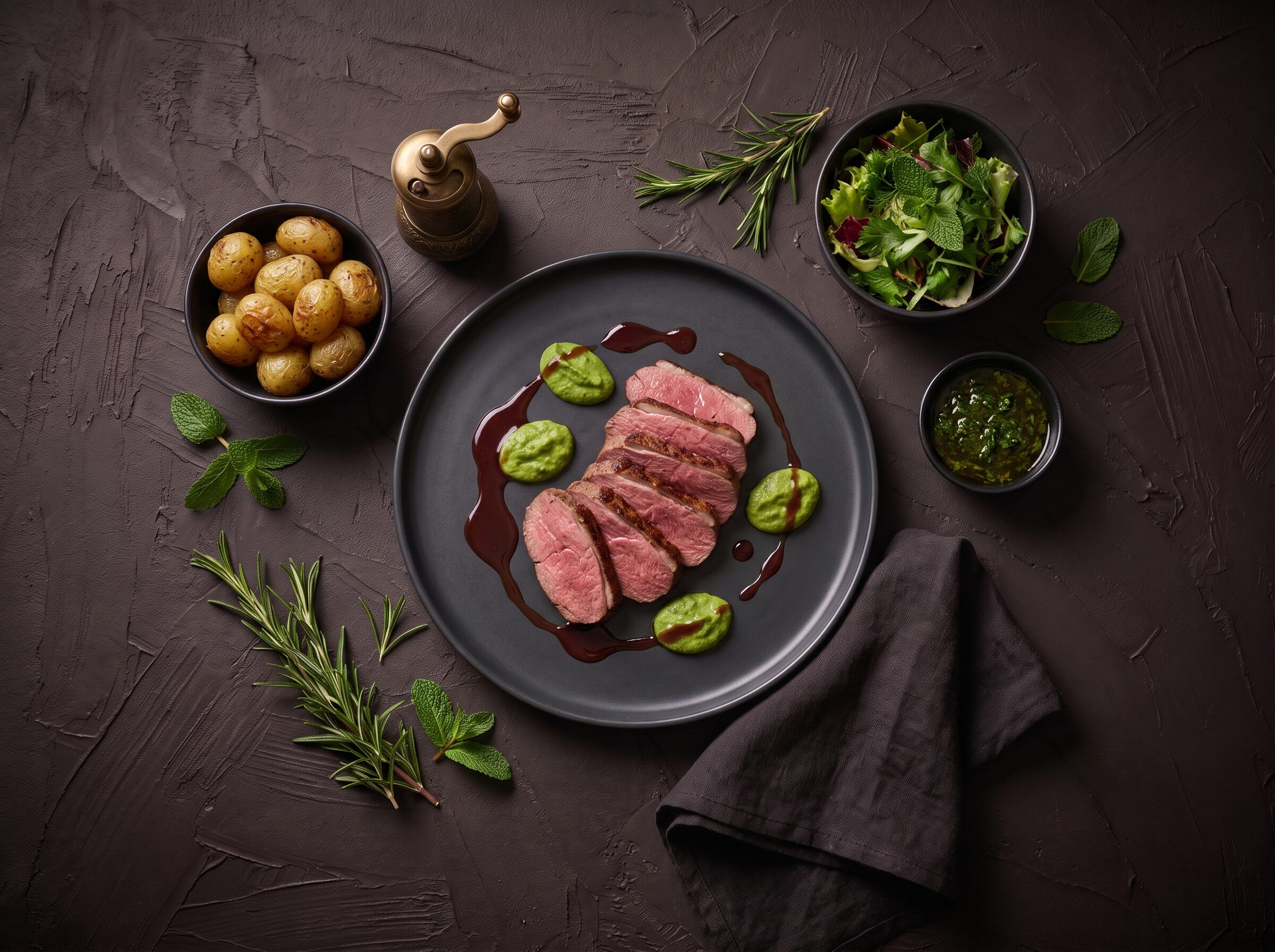 Skiver af lammefilet med rødvinssauce og ærtepuré