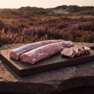 To rå økologiske mignon (falsk mørbrad) på et mørkt egetræsbræt på heden, med grillede skiver ved siden af.