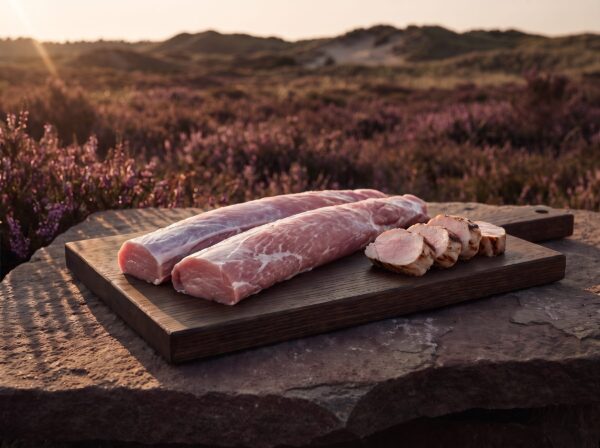 To rå økologiske mignon (falsk mørbrad) på et mørkt egetræsbræt på heden, med grillede skiver ved siden af.