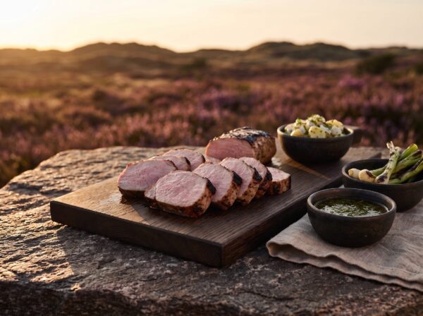 Grillet mignon i skiver på et egetræsbræt på heden, med kartoffelsalat, grillede løg og urtedressing ved siden af.