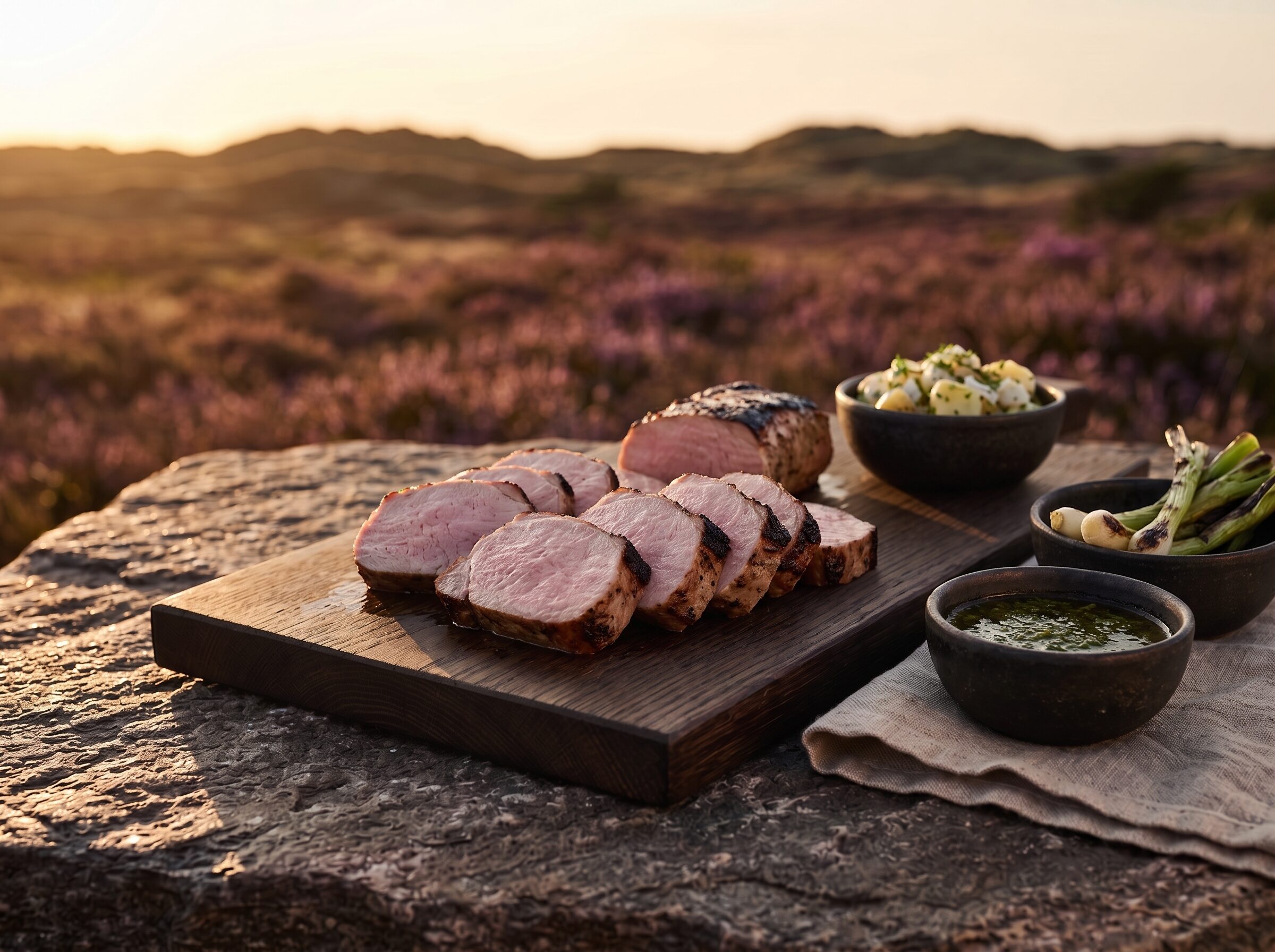 Grillet mignon i skiver på et egetræsbræt på heden, med kartoffelsalat, grillede løg og urtedressing ved siden af.