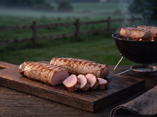 Mignon fra grillen på gården i skumringen, skåret i saftige, lyserøde skiver på brættet.