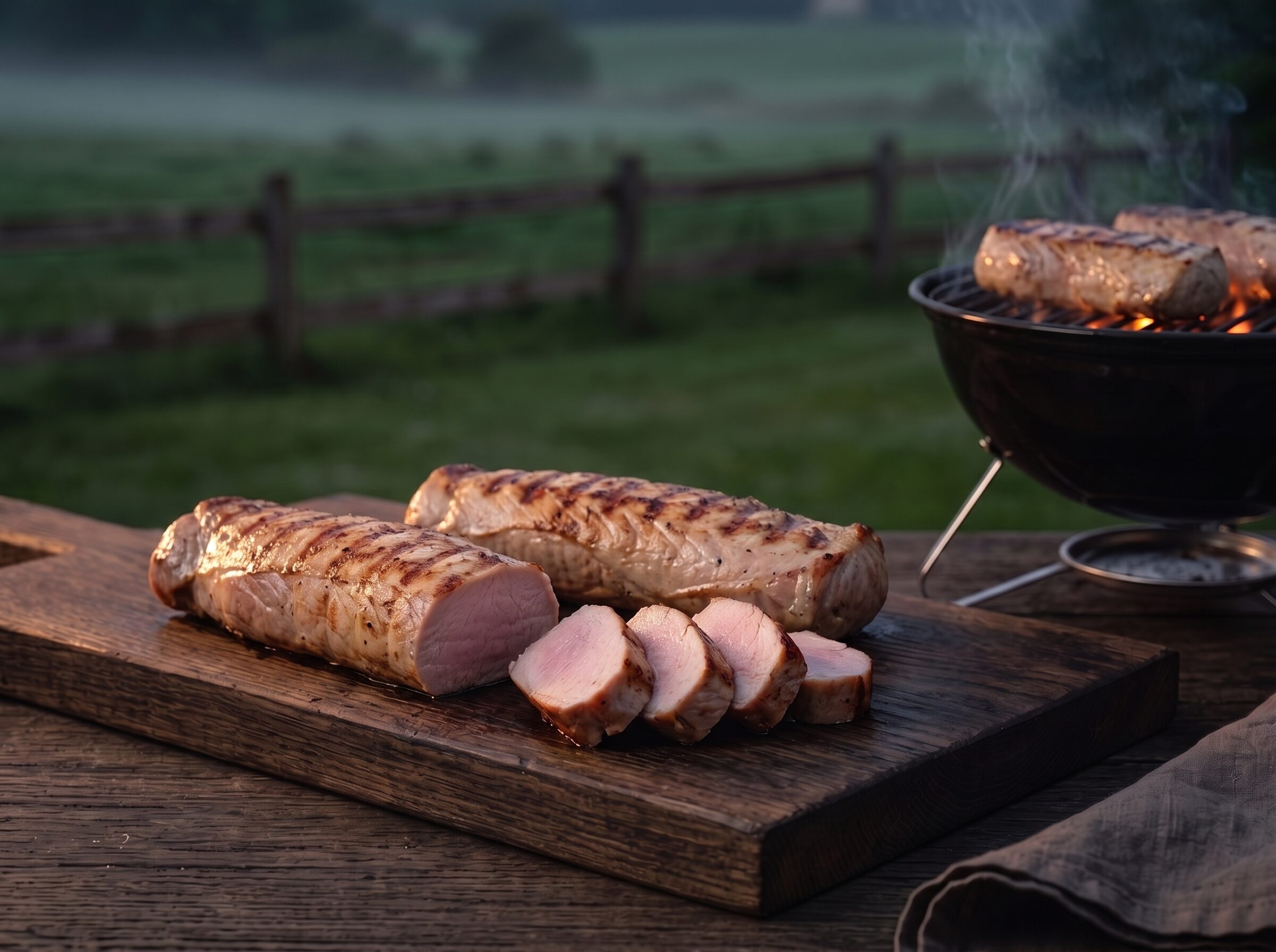 Mignon fra grillen på gården i skumringen, skåret i saftige, lyserøde skiver på brættet.