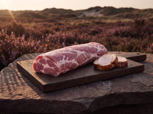 Rå økologisk nakkefilet med fin fedtmarmorering på et mørkt egetræsbræt på heden, med to stegte skiver ved siden af.