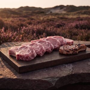 Rå økologiske ribsteaks med kødfyldte ribben på et mørkt egetræsbræt på heden, med en grillet ribsteak ved siden af.