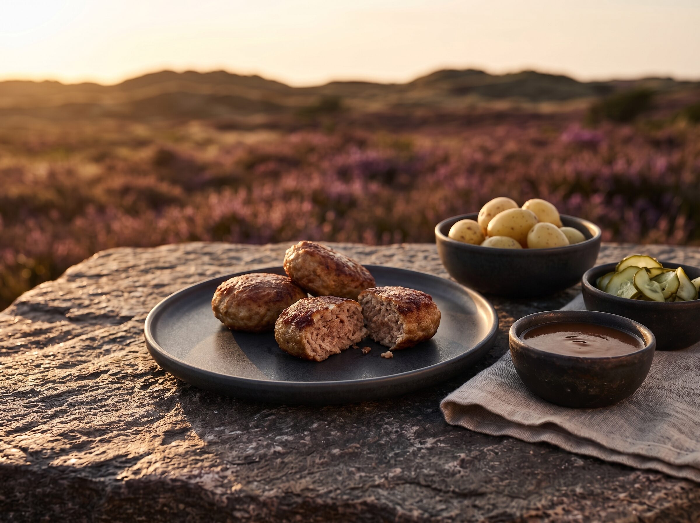Frikadeller på en mørk tallerken på heden, med nye kartofler, brun sovs og agurkesalat ved siden af.