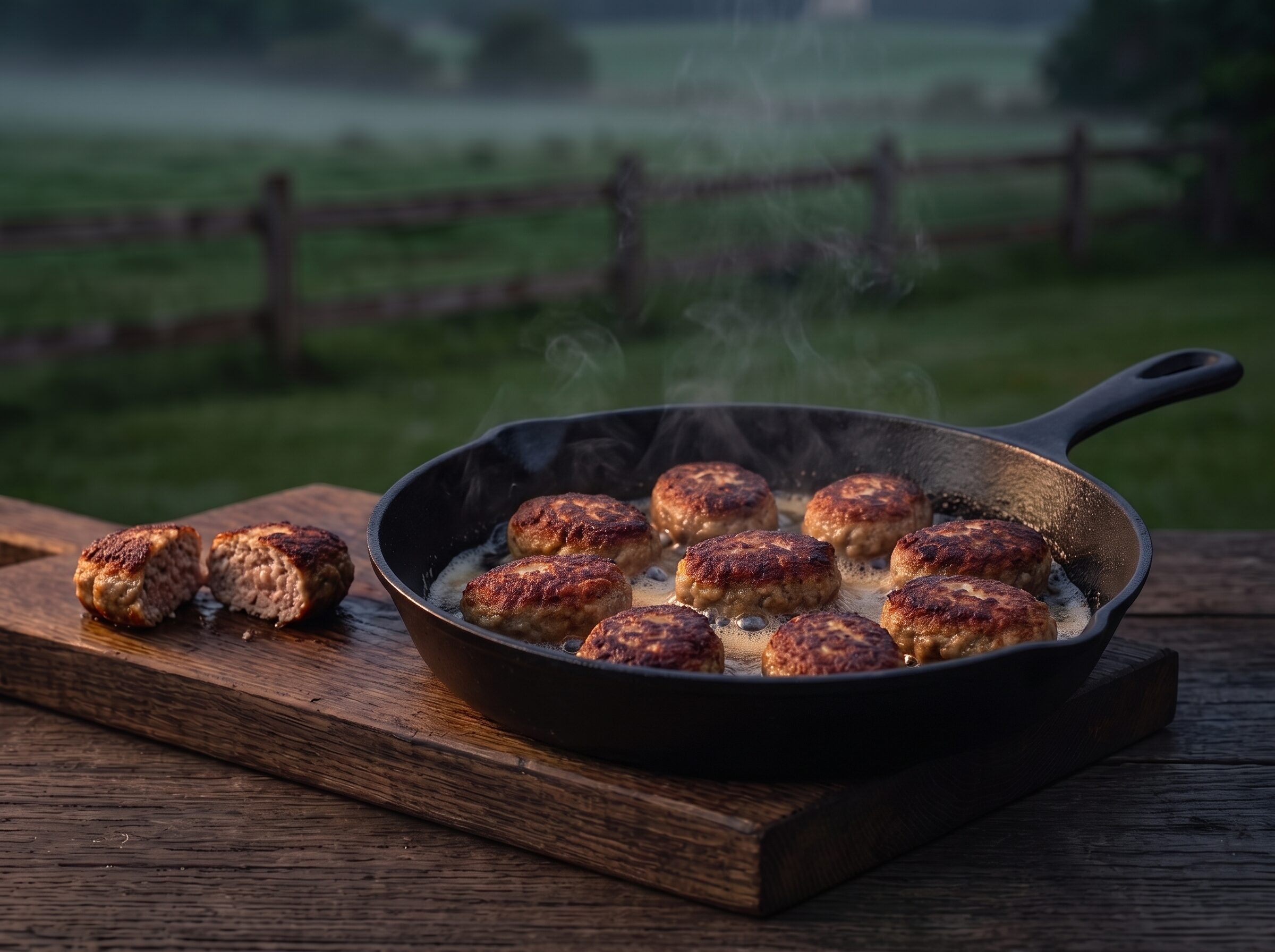 Frikadeller der steger gyldne i smør i en støbejernspande på gården.