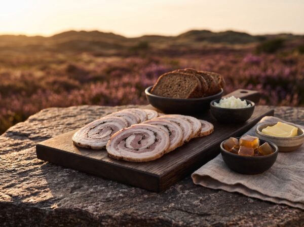 Tynde skiver hjemmelavet rullepølse på et bræt på heden, med rugbrød, løg, sky og smør ved siden af.
