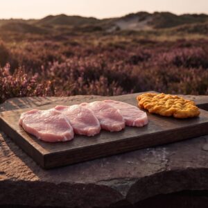 Fire rå økologiske grise-schnitzler på et mørkt egetræsbræt på heden, med en paneret og stegt schnitzel ved siden af.