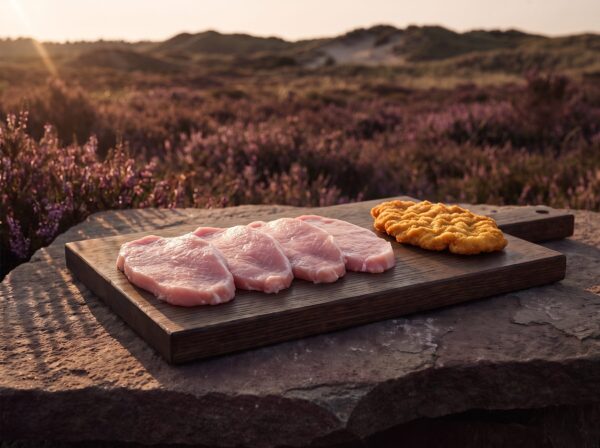 Fire rå økologiske grise-schnitzler på et mørkt egetræsbræt på heden, med en paneret og stegt schnitzel ved siden af.