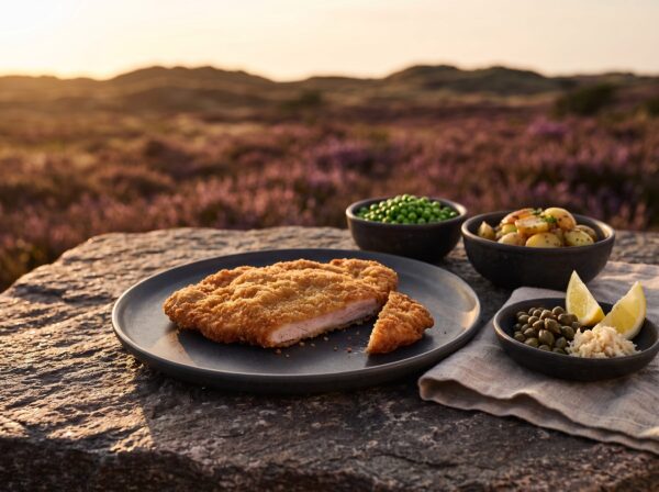 En gylden paneret schnitzel på en mørk tallerken på heden, med ærter, brasekartofler, kapers og citron ved siden af.