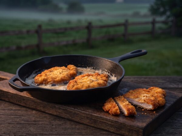 Panerede schnitzler der steger gyldne i smør i en støbejernspande på gården.