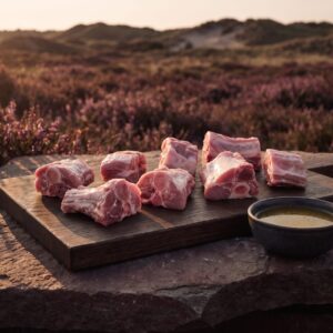 Rå økologiske grisesuppeben med kød på et mørkt egetræsbræt på heden, med en skål klar bouillon ved siden af.