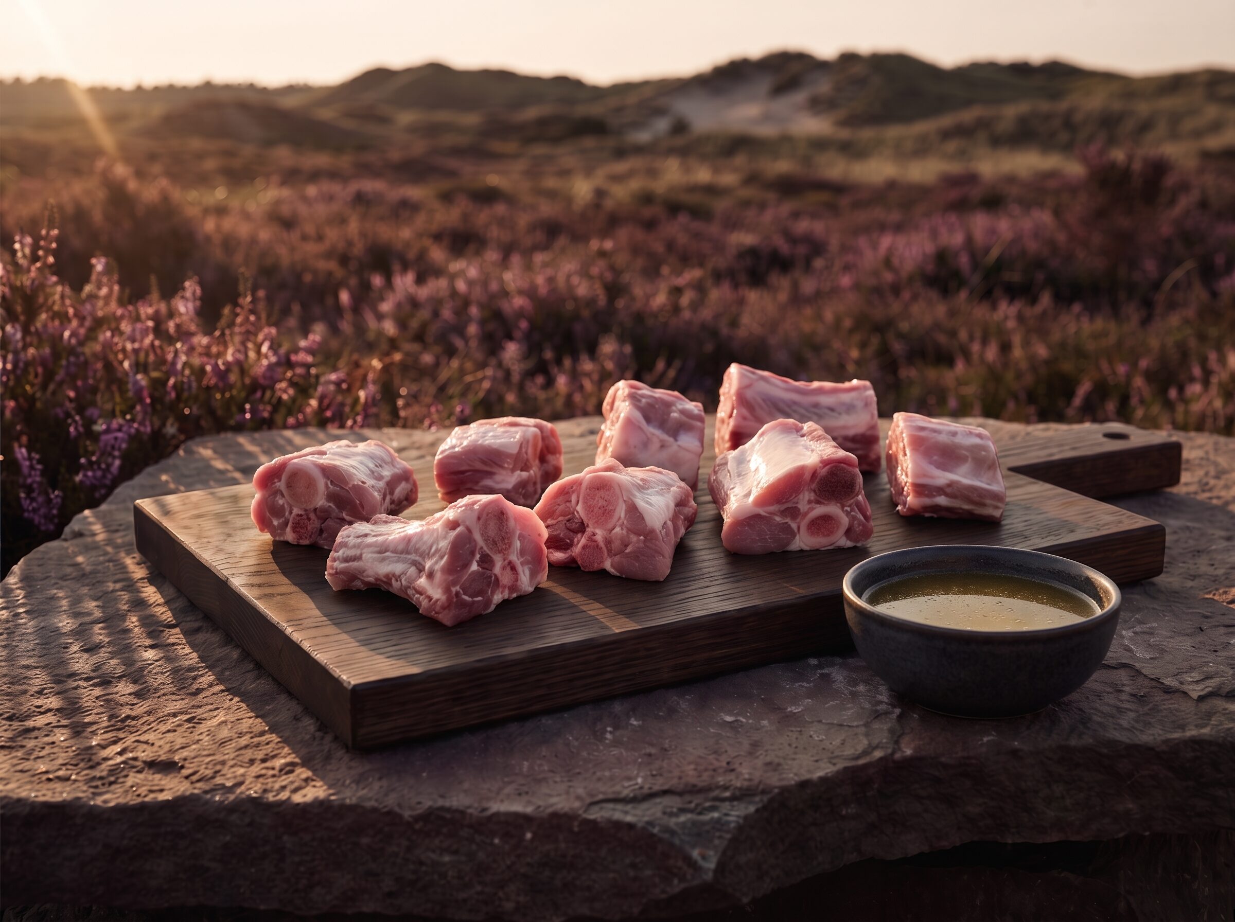 Rå økologiske grisesuppeben med kød på et mørkt egetræsbræt på heden, med en skål klar bouillon ved siden af.