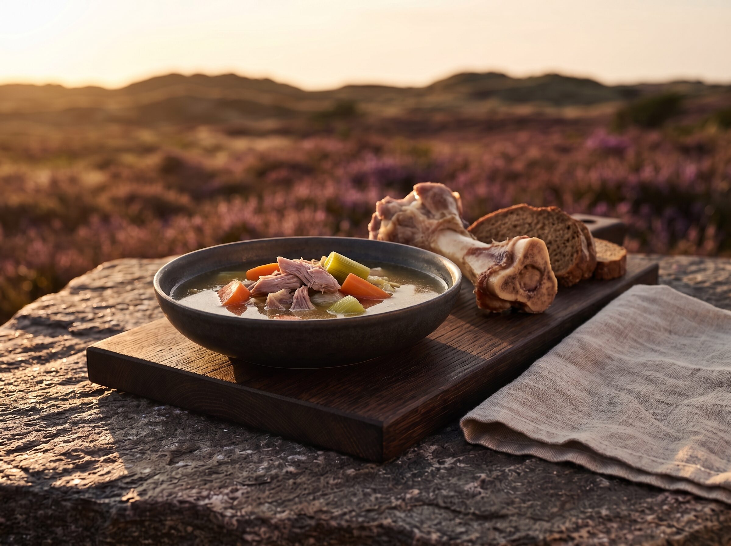 En skål klar grisesuppe med mørt kød og grøntsager på heden, med et kogt suppeben og rugbrød ved siden af.