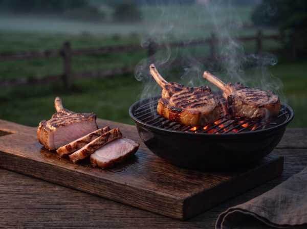 Herregårdskoteletter med skaft på kuglegrillen på gården, med saftige skiver på brættet.
