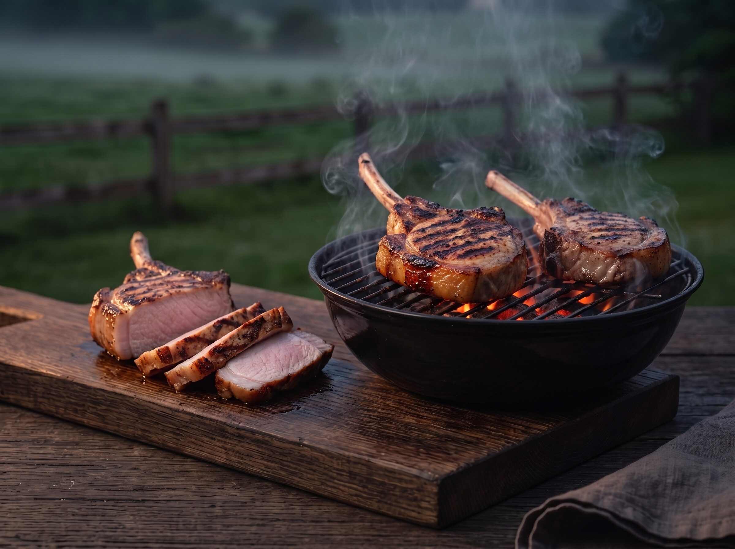 Herregårdskoteletter med skaft på kuglegrillen på gården, med saftige skiver på brættet.