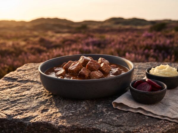 Gryderet med mørt grisekød i brun sauce på heden, med kartoffelmos og rødbeder ved siden af.