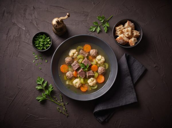 Klar oksesuppe med kød- og melboller og grøntsager