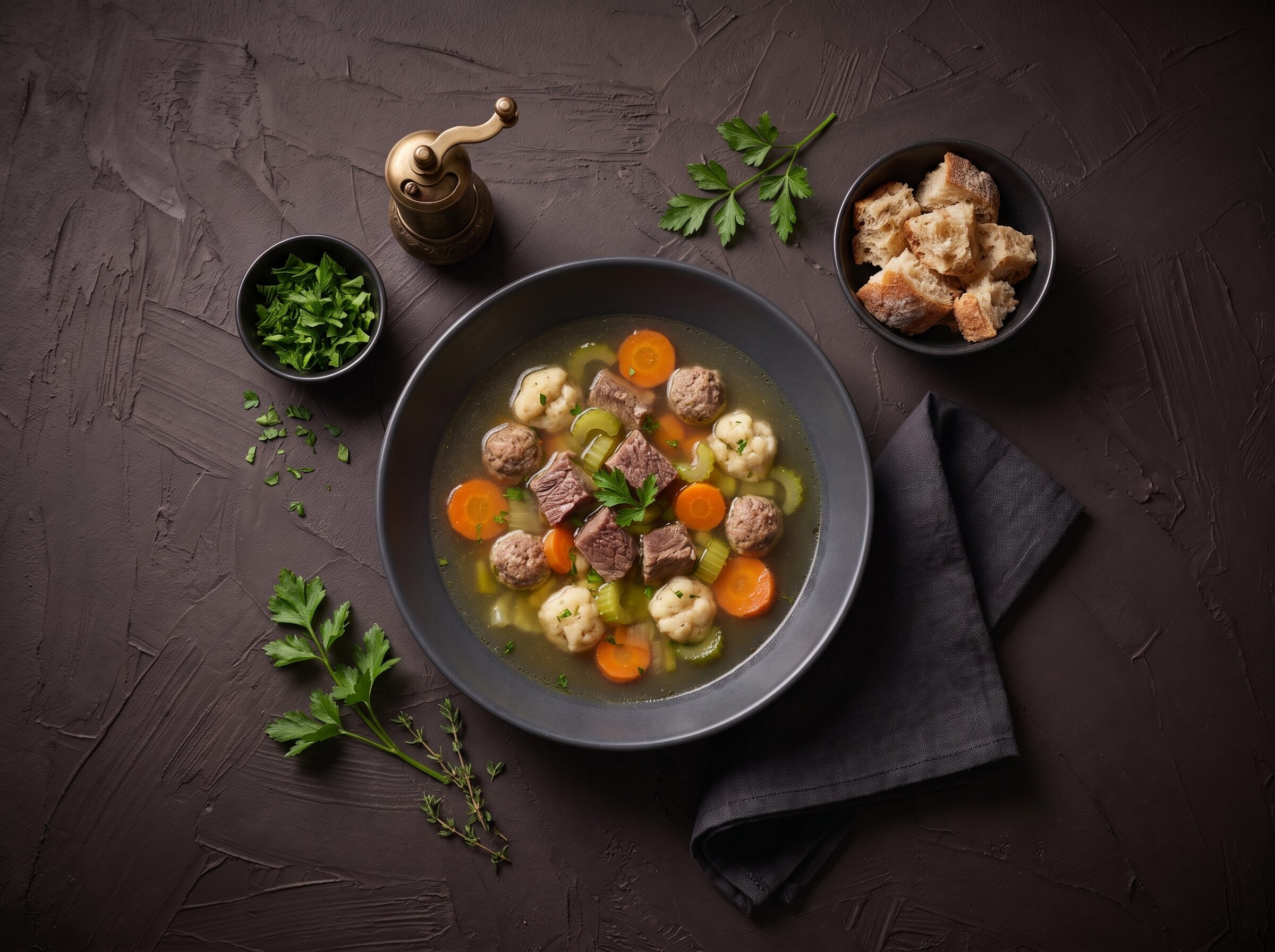 Klar oksesuppe med kød- og melboller og grøntsager